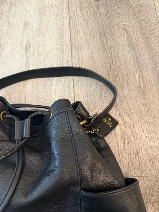 Fossil Black Leather Hobo Shoulder Bag Purse draw string - Picture 3 of 10